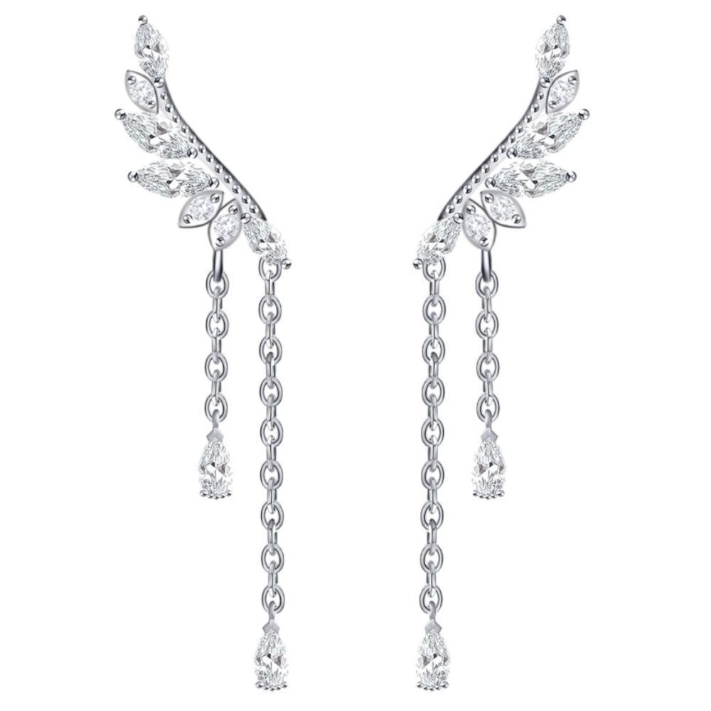 Silver with White Diamond Cubic Zirconia Angel Wing Front Back Jacket Earrings